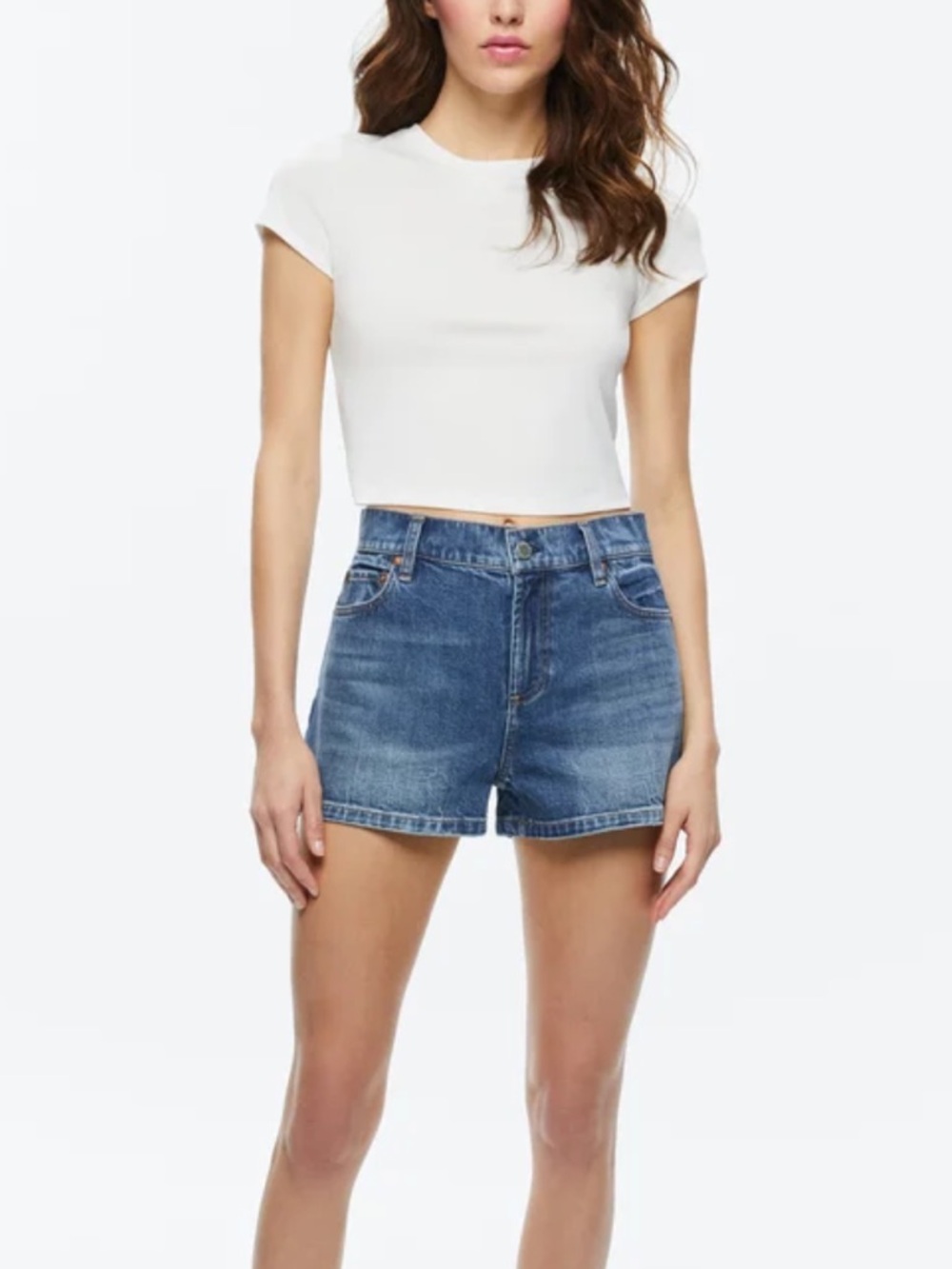 Alice + Olivia Ernie Low Rise Buckle Back Denim Shorts in Brooklyn Blue Size 32